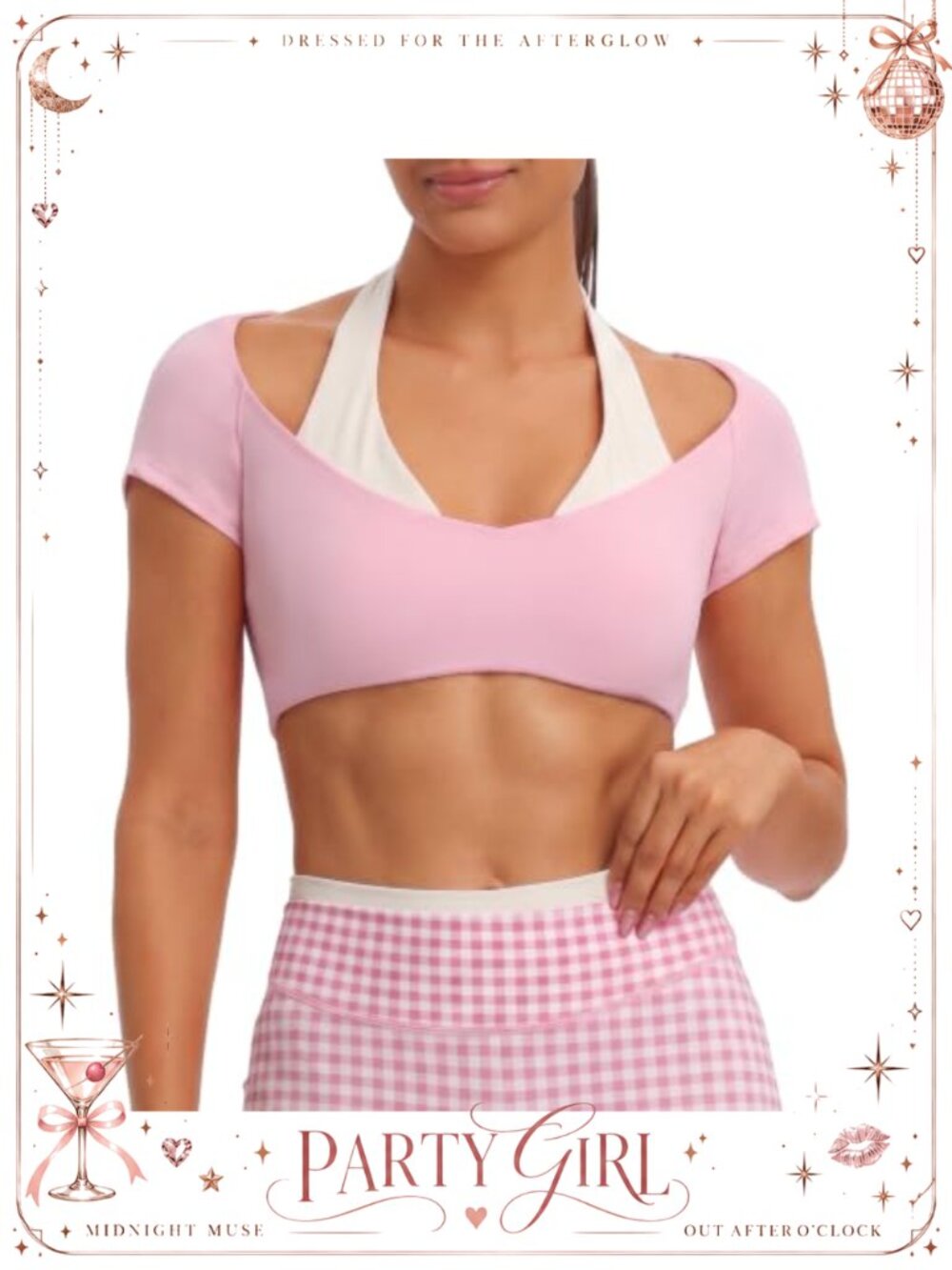 Faux Layered Halter Short Sleeve Crop Top Nylon Spandex Activewear